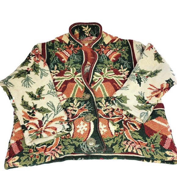 Vintage Tapestry Holiday Jacket One Size 100% Cotton Button Front Festive Design - Picture 1 of 9